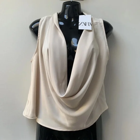 ZARA  Cowl Neck Deep Plunge Blouse 
Labelled size Large
Sleeveless - Picture 2 of 9